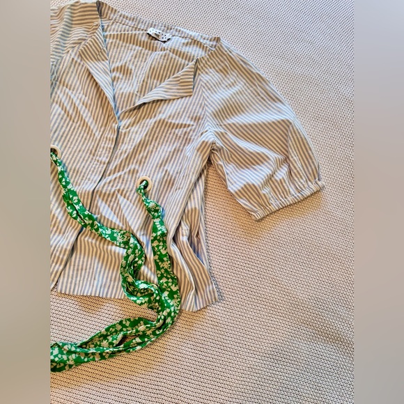 TANYA TAYLOR Blue Striped Blouse w Green Sash Women’s Top - Picture 6 of 14